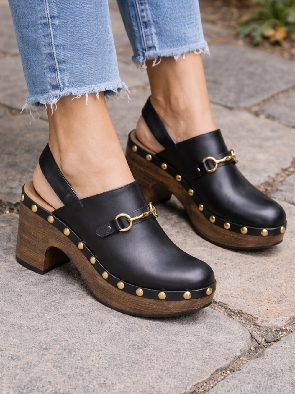 Free People Black Leather Platform Clogs | Studded Wooden Heel | Size 40 - Picture 1 of 10